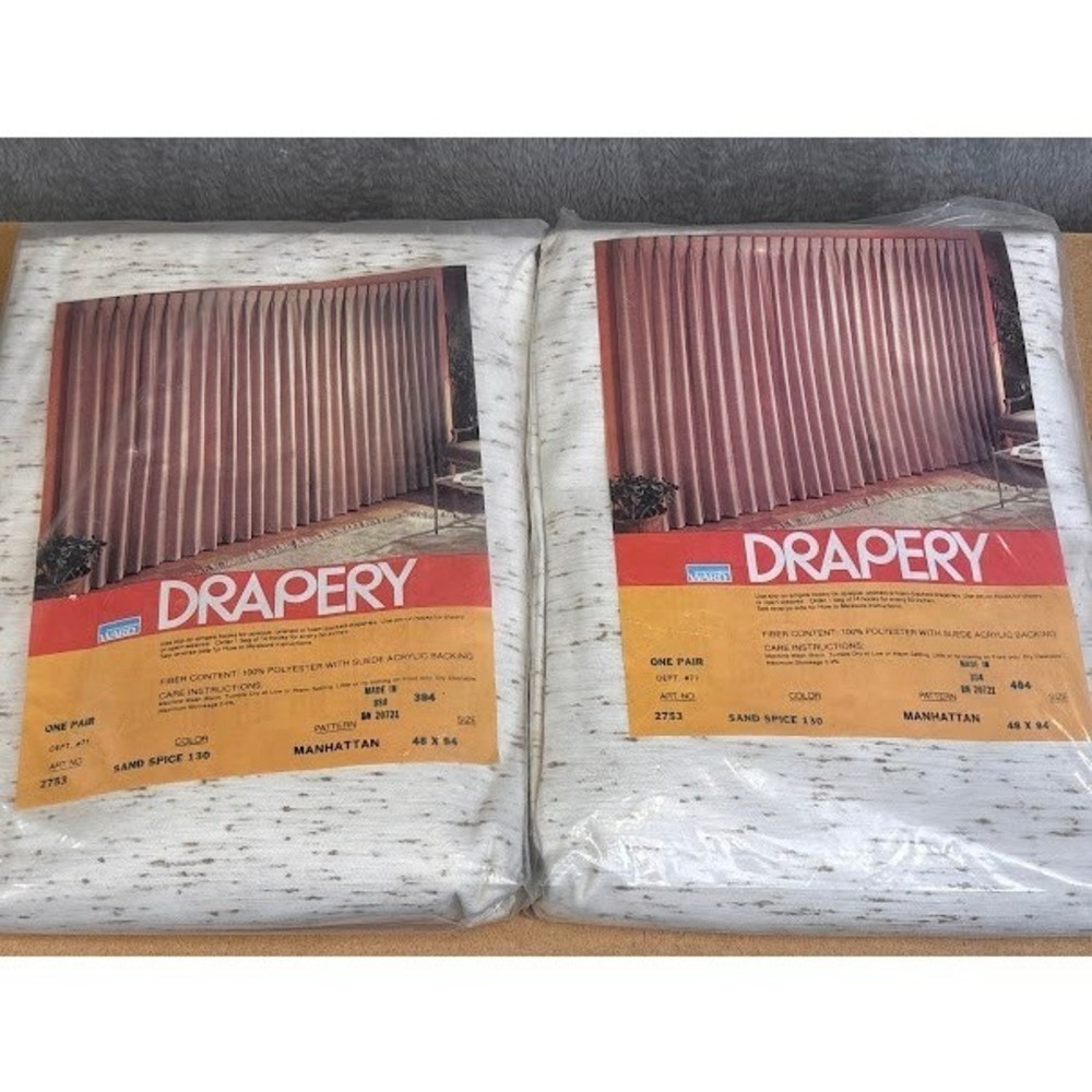 2 Pairs Montgomery Ward Drapery Curtains Sand Spice 130 Manhattan Pattern 48x84‎
